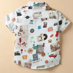 ToffyHouse Poplin Woven Half Sleeves Printed Shirt & Shorts With Bow & Suspender - White & Teal Blue image 3