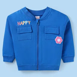 Babyhug Terry Knit Full Sleeves Front Open Floral Embroidered Sweatshirt & Lounge Pant Set with Text Printed T-Shirt -Blue & White image 4