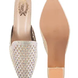 Shoetopia Stone Embellished Pointed Toe Mule Heels - Golden image 5