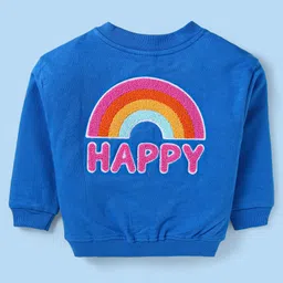 Babyhug Terry Knit Full Sleeves Front Open Floral Embroidered Sweatshirt & Lounge Pant Set with Text Printed T-Shirt -Blue & White image 5