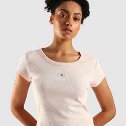 Calvin Klein Jeans Women Self Design Round Neck Slim Fit Cotton T-shirt-picture-20