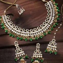 Peora Gold-Plated Kundan Studded Choker Necklace with Earring Maang Tikka Jewellery Set-picture-33