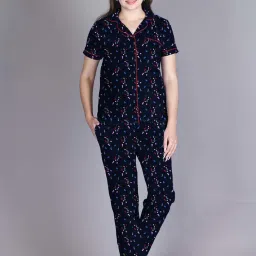 Lyra Navy Cotton Printed Shirt Pyjama Set image 1