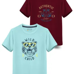 HELLCAT Kids Bugundy & Blue Printed T-Shirt (Pack Of 2) image 1