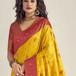 Elora Yellow & Red Silk Printed Saree With Unstitched Blouse image 2