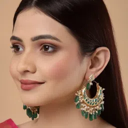 Dugran By Dugristyle Green & White Dangler Earrings with Kundan & Pearls for Women image 1