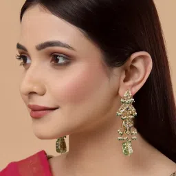 Dugran By Dugristyle Green & White Dangler Earrings with Kundan & Pearls for Women image 1