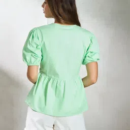 VIRGIO Green Cotton Solid Short Sleeves Top image 2