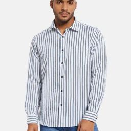 Mettle White & Blue Cotton Regular Fit Striped Shirt-picture-25