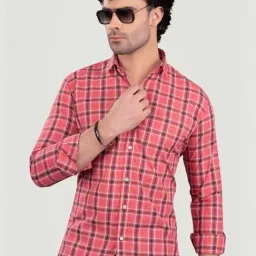 Almaty Pink Cotton Slim Fit Checks Shirt-image-8