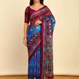 Soch Womens Turquoise Blue Chiffon Bandhani Print Saree-image-31