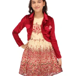 Cutecumber Kids Maroon & Cream Floral Print Full Sleeves Dress with Shrug image 1