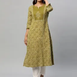 Kami Kubi Olive Cotton Block Print A Line Kurta image 1