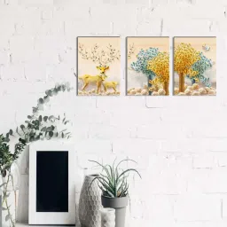 eCraftIndia 6MM MDF Set of 3 Deer in Jungle Satin Matt Texture UV Art Painting image 1