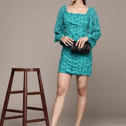 Label Ritu Kumar Floral Print Puff Sleeve Georgette Bodycon Mini Dress image 1