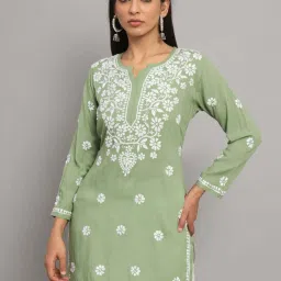 PARAMOUNT CHIKAN Olive Green Embroidered Straight Kurti image 1