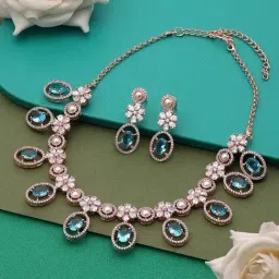 Zaveri Pearls Turquoise Blue Cubic Zirconia Designer Brass Necklace Earring Set-ZPFK15990-picture-29
