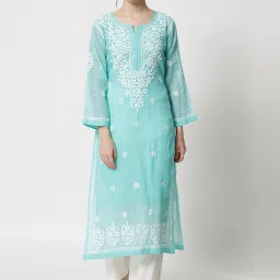 PARAMOUNT CHIKAN Sea Green Embroidered Straight Kurta image 1