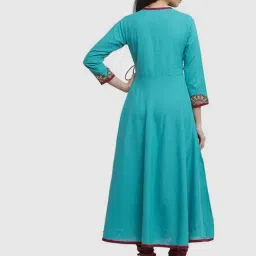 YASH GALLERY Teal Blue Cotton Printed Flared Kurta image 2