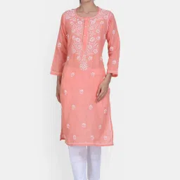 PARAMOUNT CHIKAN Peach Cotton Embroidered Straight Kurta image 1