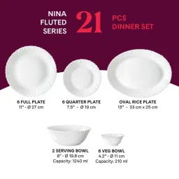 Larah by Borosil Nina Fluted White Opalware 21 Pieces Dinner Set image 2