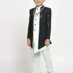 Kids Island Boys Green Jacquard Full Sleeves Indowestern Set image 2