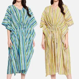 Secrets By ZeroKaata Green & Blue Cotton Printed Kaftan - Pack Of 2-image-10