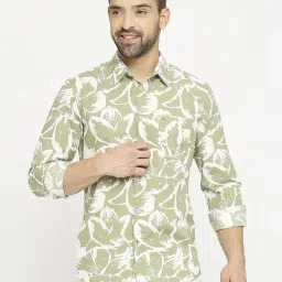 Basics Light Green Cotton Slim Fit Printed Shirt-image-11
