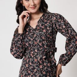 Kotty Black & Pink Floral Print Crepe Wrap Top-picture-32