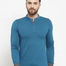 Kalt Men Teal Solid Mandarin Collar T-shirt-image-57
