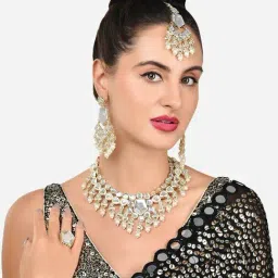 Zaveri Pearls Gold Tone Kundan Bridal Meenakari Necklace Earring Maangtikka Ring Set-ZPFK15996-picture-24