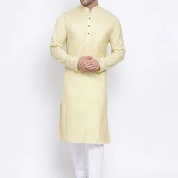 NAMASKAR Men Cream-Coloured & White Solid Cotton Kurta with Churidar-picture-31