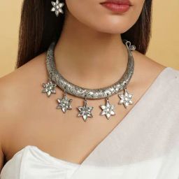 Teejh Dravya Silver Oxidised White stone and Pearl Necklace Set-picture-33