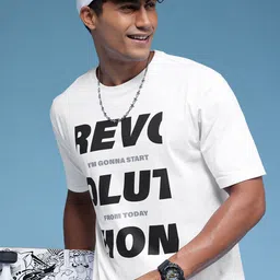 HERE&NOW Pure Cotton Typography Printed Relaxed Fit T-shirt-picture-36