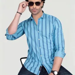 Almaty Sky Blue Cotton Slim Fit Striped Shirt-image-0
