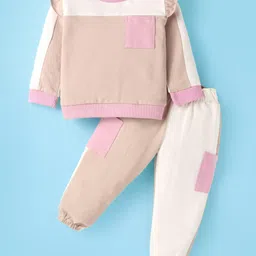 ToffyHouse Cotton Knit Full Sleeves Cut & Sew T-Shirt & Joggers Set with Frill Detailing - Tan-picture-24