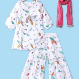 Babyhug Woven Three Fourth Sleeves Kurta & Gharara Set with Dupatta Sequin & Leaf Embroidery - White-picture-28