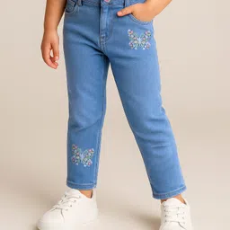Babyhug Woven Full Length Washed Denim Jeans With Stretch & Floral Embroidery - Blue-image-33