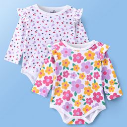 Doodle Poodle 100% Cotton Knit Full Sleeves Onesies with Frill Detailing Floral Print Pack Of 2 - White-picture-20