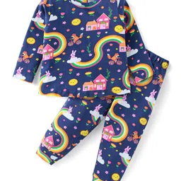Babyhug Cotton Knit Full Sleeves Night Suit With Floral & Animal Print - Navy Blue-picture-27