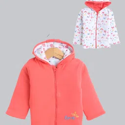 BUMZEE Cotton Full Sleeves Floral Printed & Embroidered Hooded Reversible Jacket - Coral & White-image-98