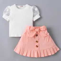 Kookie Kids Puffed Sleeves Solid Top and Frill Skirt Set - White & Coral-picture-20