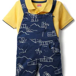 Babyhug Single Jersey Knit Half Sleeves Polo T-Shirt & Dungaree With Beach Theme Print - Yellow & Blue-picture-20