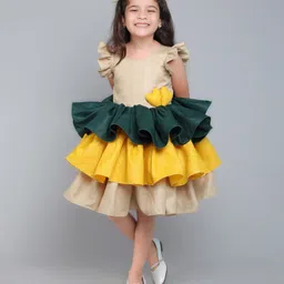 PinkChick Cotton Woven Frill Sleeves Heart Applique Detailed Layered Dress With Bow Designed Hair Clip - Beige & Yellow-picture-13