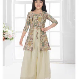 Betty By Tiny Kingdom Georgette Woven Floral Embroidered Sequins & Gota Lace Embellished Top & Palazzo With Three Fourth Sleeves Jacket Set - Cream-image-17