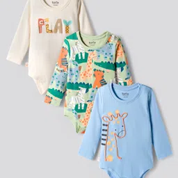 Bonfino 100% Cotton Knit Full Sleeves Onesies with Animal Print Pack Of 3 - Light Blue Green & White-picture-16