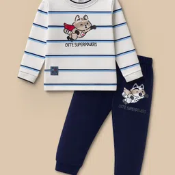 Mini Donuts Single Jersey Knit Full Sleeves Striped T-Shirt & Lounge Pant Set with Fox Graphic - Navy Blue-picture-22