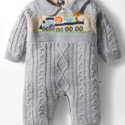 Yellow Apple Knit Full Sleeves Romper with Train & Animal Design - Grey image 1