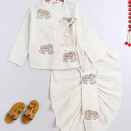 BAATCHEET Cotton Woven Full Sleeves Elephant Hand Embroidered Angrakha Kurta And Dhoti - Off White-image-11