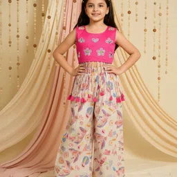 Ministitch Cotton Woven Sleeveless Floral Embroidered Mirror Work Detailed Top With Pant Set - Cream-picture-18